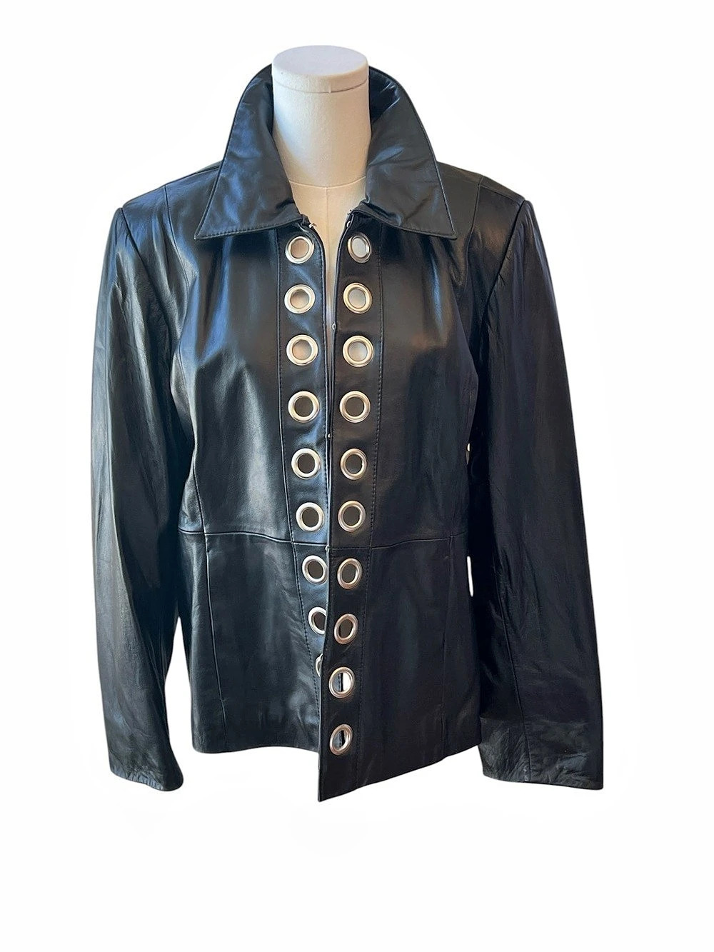 Pamela McCoy Black Leather Eyelet Jacket Like New